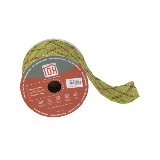 Imagem FITA DE NATAL COR VERDE COM GLITTER VERMELHO E DOURADO 6,3CM X 9,14 METROS - TOK DA CASA