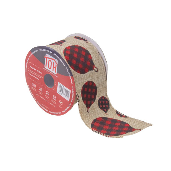 Imagem FITA DECORATIVA COM ESTAMPA DE BOLA DE NATAL COR VERMELHO COM PRETO 6,3CM X 9,14 METROS