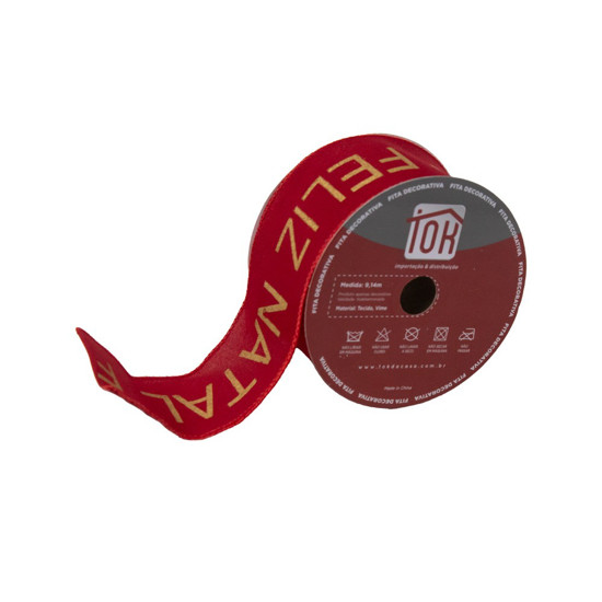 Imagem FITA NATALINA COR VERMELHO COM NOME FELIZ NATAL DOURADO 6,3CM X 9,14 METROS 