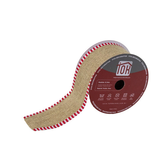 Imagem FITA NATALINA COR NATURAL COM VERMELHO E BRANCO NAS BORDAS 6,3CM X 9,14 METROS