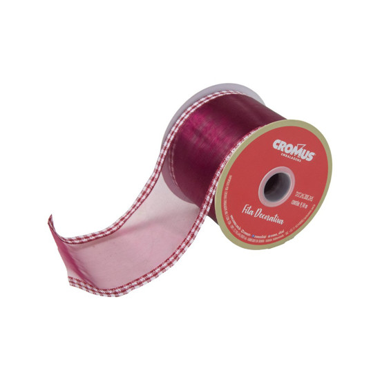 Imagem FITA NATALINA BORDA XADREZ COR VINHO E BRANCO 6,3CM X 9,14 METROS 