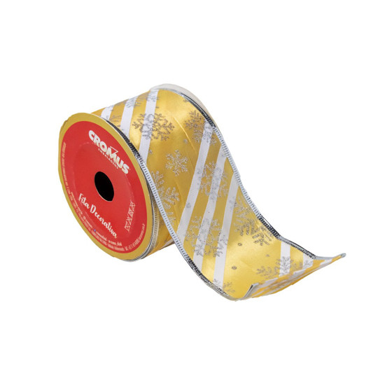Imagem FITA LAME NATALINA COR DOURADO, BRANCO COM FLOCOS DE NEVE PRATEADOS 6,3CM X 9,14 METROS 