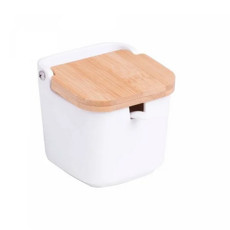 Imagem de SALEIRO DE MESA DE CERÂMICA COM TAMPA DE BAMBU E COLHER BIANCO 9CM X 8,5CM - Coliseu Presentes Ltda