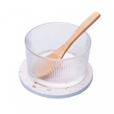 Imagem de PETISQUEIRA REDONDA DE VIDRO COM COLHER DE BAMBU E SUPORTE TERRAZO 12X10X6,5CM - Coliseu Presentes Ltda