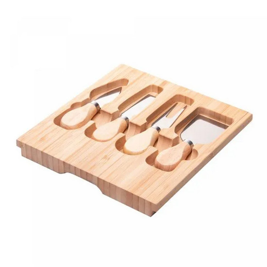 Imagem CONJUNTO 6 PEÇAS PARA QUEIJO COM BANDEJA EM BAMBÚ E TÁBUA TERRAZO 23X23X4CM - LYOR