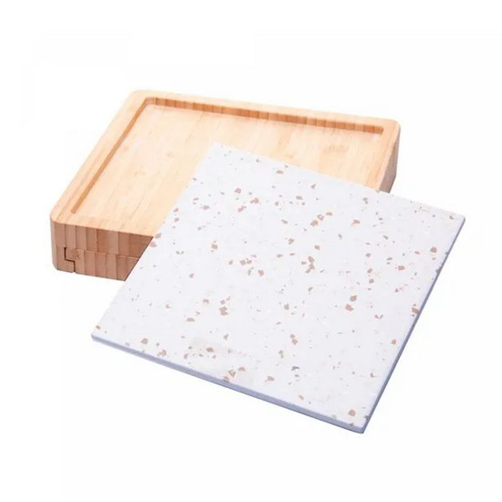 Imagem CONJUNTO 6 PEÇAS PARA QUEIJO COM BANDEJA EM BAMBÚ E TÁBUA TERRAZO 23X23X4CM - LYOR