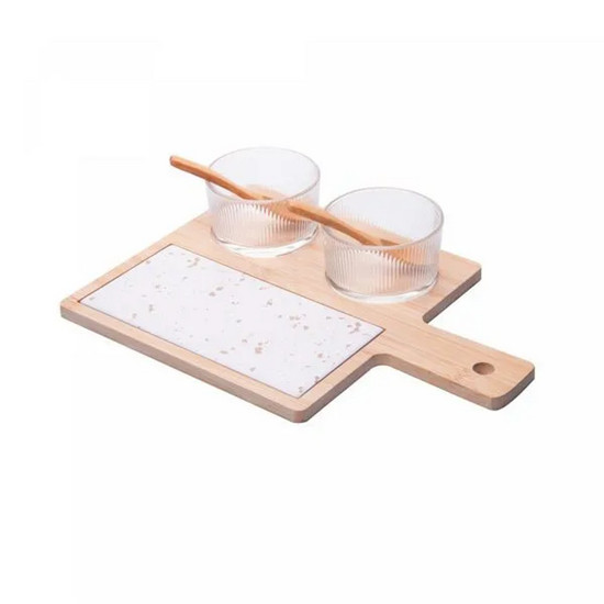 Imagem CONJUNTO 6 PEÇAS PETISQUEIRAS DE VIDRO COLHER E BANDEJA BAMBU E TÁBUA TERRAZO - LYOR