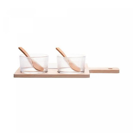 Imagem CONJUNTO 6 PEÇAS PETISQUEIRAS DE VIDRO COLHER E BANDEJA BAMBU E TÁBUA TERRAZO - LYOR