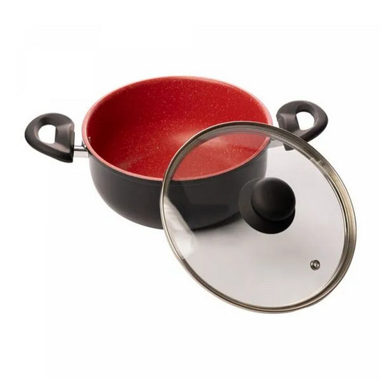 Imagem CAÇAROLA DE INDUÇÃO EM ALUMÍNIO COM REVESTIMENTO CERÂMICO E TAMPA DE VIDRO VERMELHA 20CM