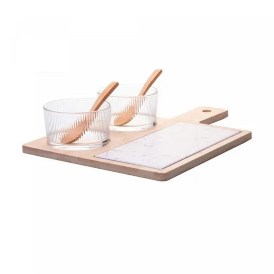Imagem CONJUNTO 6 PEÇAS PETISQUEIRAS DE VIDRO COLHER E BANDEJA BAMBU E TÁBUA TERRAZO - LYOR