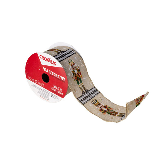 Imagem FITA NATALINA ARAMADA COM SOLDADO DE CHUMBO COR MARROM E BRANCO 6,3CM X 9,14 METROS 