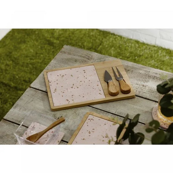 Imagem CONJUNTO 4 PEÇAS PARA QUEIJO COM BANDEJA DE BAMBU E TÁBUA TERRAZO 17X25X2CM - LYOR