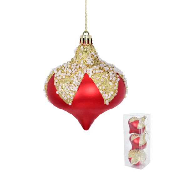 Imagem JOGO DE BOLA NATALINA COR VERMELHO E DOURADO COM GLITTER 3 PELAS DE 8CM - GRILLO 56485