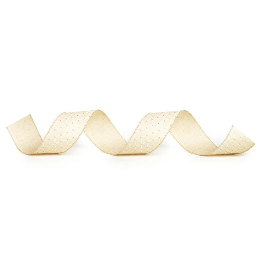 Imagem FITA ARAMADA LOSANGO COR BEGE, BRANCO E DOURADO 6,3CM X 9,14 METROS - CROMUS