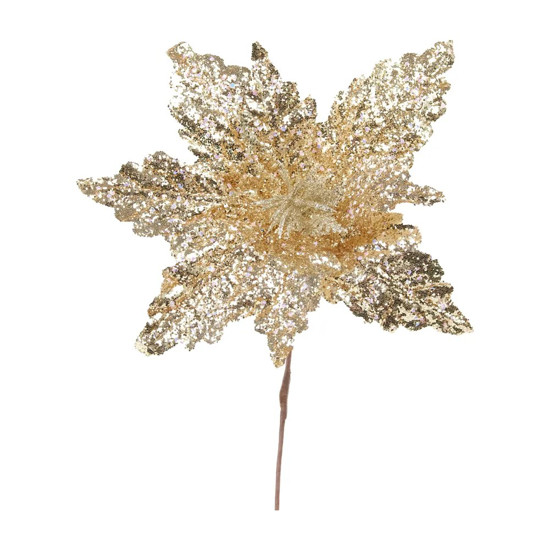 Imagem FLOR POINSÉTIA DECORATIVA COM GLITTER COR CHAMPANHE 30X20X35CM - CROMUS 