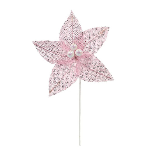 Imagem MINI FLOR POINSÉTIA DECORATIVA COR ROSA COM BRANCO E GLITTER 20X15X15CM - CROMUS 