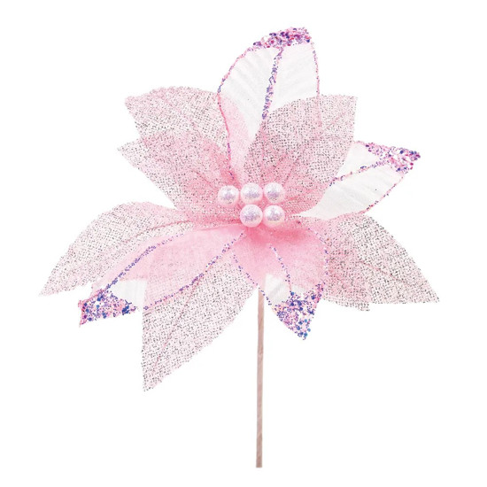 Imagem FLOR POINSÉTIA  DECORATIVA COR ROSA COM GLITTER 30CM - CROMUS 