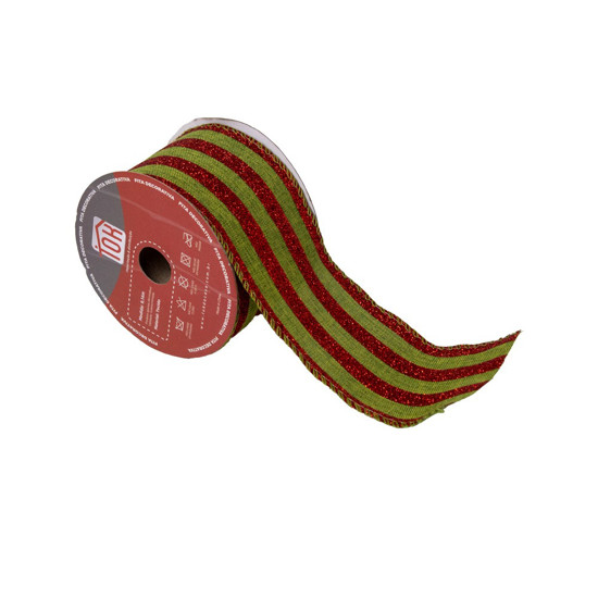 Imagem FITA DECORATIVA DE NATAL LISTRADO VERDE COM GLITER VERMELHO 6,3CM X 9,14 METROS - TOK DA CASA