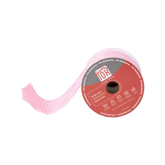 Imagem FITA DECORATIVA DE NATAL COR ROSA COM BOLINHAS DE GLITTER DOURADO 6,3CM X 9,14 METROS - CROMUS
