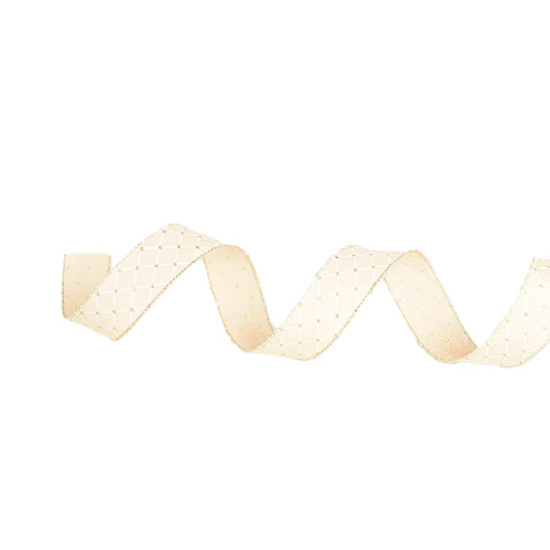 Imagem FITA ARAMADA LOSANGO COR BEGE, BRANCO E DOURADO 3,8CM X 9,14 METROS - CROMUS 