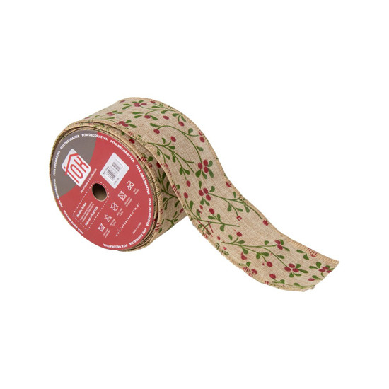 Imagem FITA DECORATIVA NATALINA COR NATURAL COM VERDE E VERMELHO 6.3CMX9.14M - TOK DA CASA