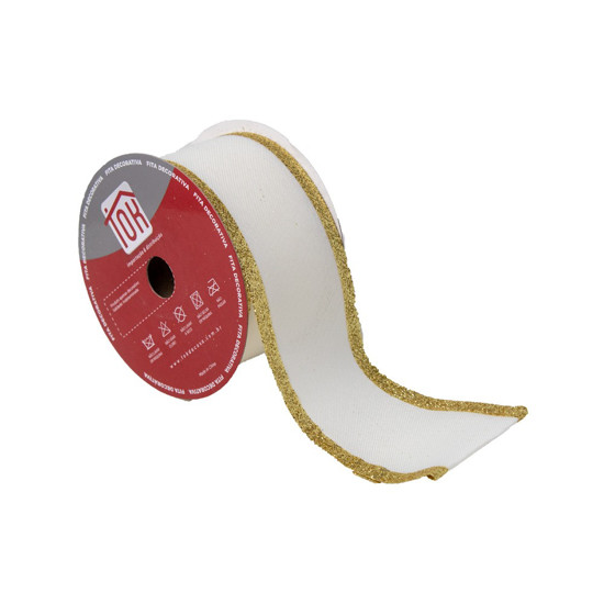 Imagem FITA DECORATIVA DE NATAK COR BRANCO COM BORDA COM GLITTER DOURADO 6.3CM X 9.14M - TOK DA CASA 