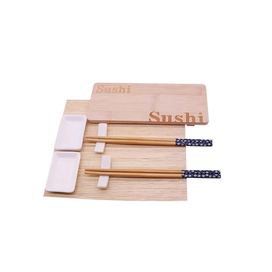 Imagem KIT COMIDA JAPONESA PARA 2 PESSOAS COR BRANCO 8 PEÇAS EM BAMBU E CERÂMICA 
