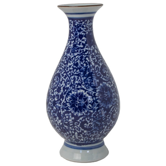 Imagem VASO DECORATIVO EM CERÂMICA PORTUGUESA TRACOS COR BRANCO COM AZUL 22CM 
