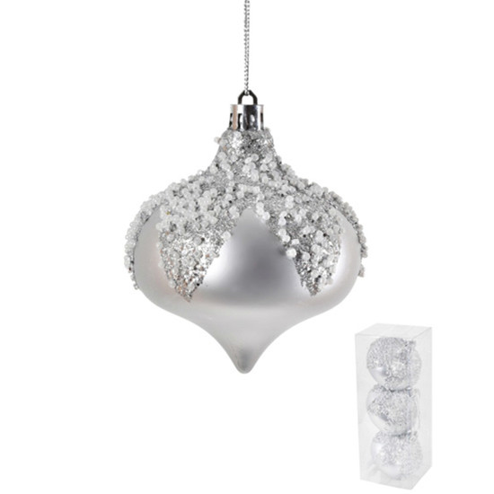 Imagem JOGO DE BOLA DE NATAL COR PRATEADO COM GLITTER 3 UNIDADES DE 8CM DE PLÁSTICO - GRILLO 56485