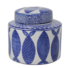Imagem de POTICHE DECORATIVO DE CERÂMICA PORTUGUESA COR BRANCO COM PEIXES AZUL 20X20X19CM - A A Distr E Importacao De Artigos De Decoracao Ltda