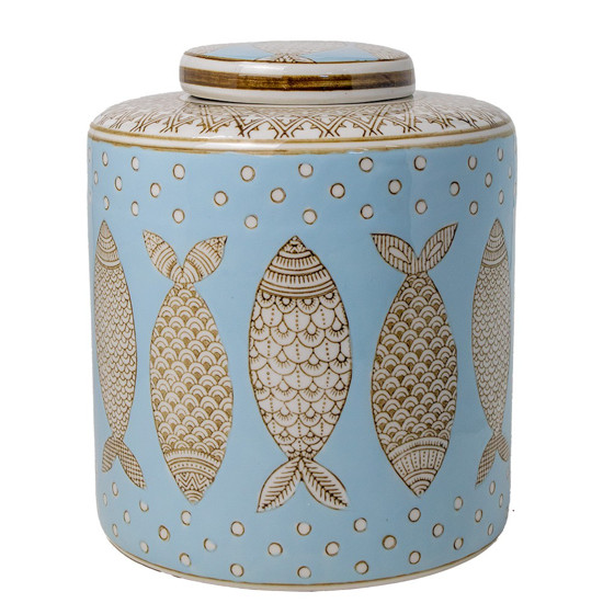 Imagem POTICHE DECORATIVO CERÂMICA PORTUGUESA PEIXES NUDE 20X20X23CM 