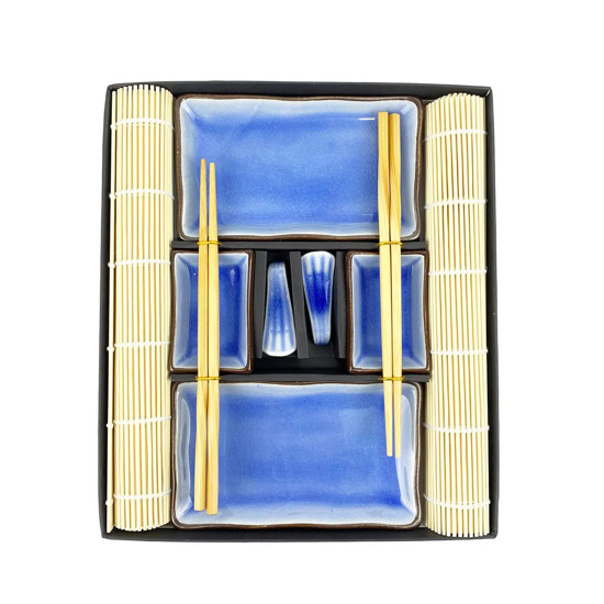 Imagem KIT DE COMIDA JAPONESA PARA 2 PESSOAS EM CERÂMICA E BAMBU COR AZUL 10 PEÇAS 