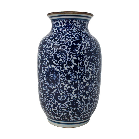 Imagem MINI VASO DECORATIVO DE CERÂMICA PORTUGUESA TRACOS COR BRANCO COM AZUL 20CM 