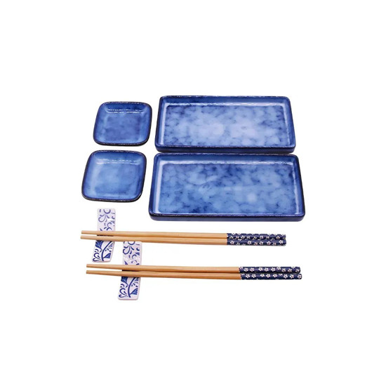 Imagem KIT DE COMIDA JAPONESA PARA DUAS PESSIAS DE CERÂMICA E BAMBU COR AZUL 8 PEÇAS - CROSS