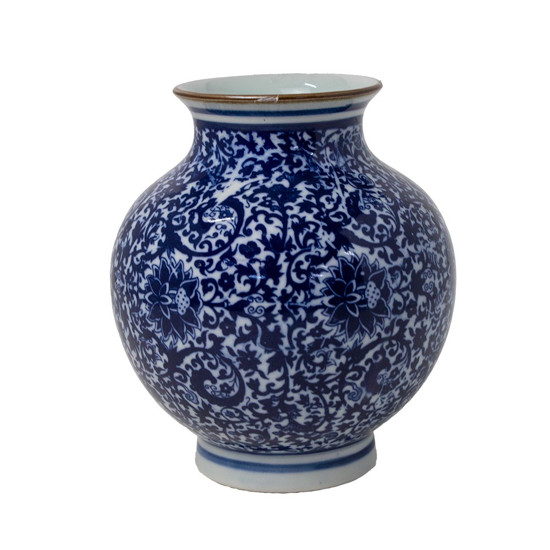 Imagem VASO DECORATIVO EM CERÂMICA PORTUGUESA TRACOS COR BRANCO COM AZUL 15CM 