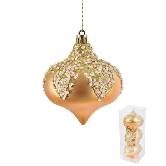 Imagem JOGO DE BOLA DE NATAL COR DOURADO COM GLITTER 3 UNIDADES DE PLÁSTICO 8CM - GRILLO 56485