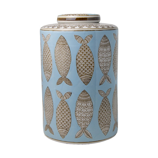 Imagem POTICHE DECORATIVO DE CERÂMICA PORTUGUESA PEIXES NUDE 33X22CM