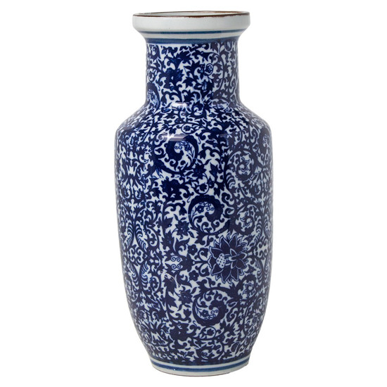 Imagem MINI VASO DECORATIVO DE CERÂMICA PORTUGUESA TRACOS COR BRANCO COM AZUL 23CM 
