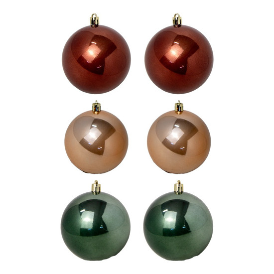 Imagem CAIXA COM 6 BOLAS DE NATAL VERDE VERMELHA CHAMPAGNE PEROLADA EM PLÁSTICO - CROMUS 