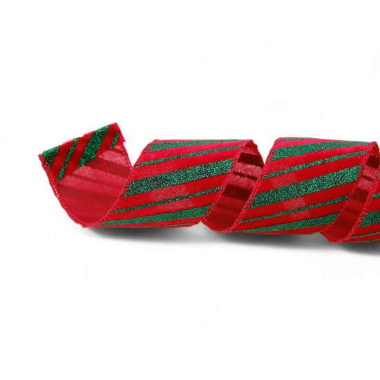 Imagem FITA ARAMADA LISTRADA COR VERMELHO COM GLITTER VERDE 6,3CM X 4,57 METROS - CROMUS 