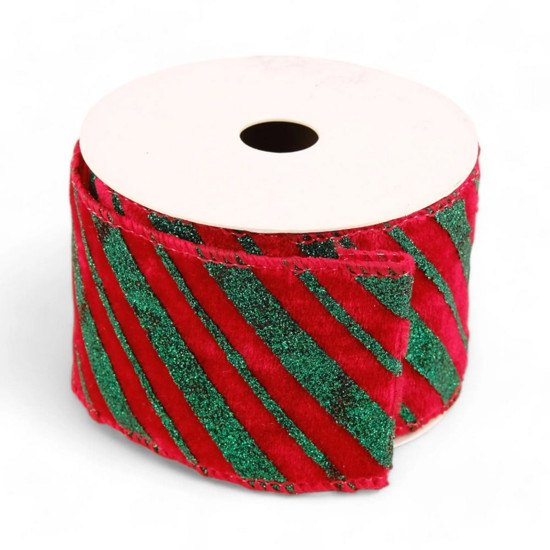 Imagem FITA ARAMADA LISTRADA COR VERMELHO COM GLITTER VERDE 6,3CM X 4,57 METROS - CROMUS 