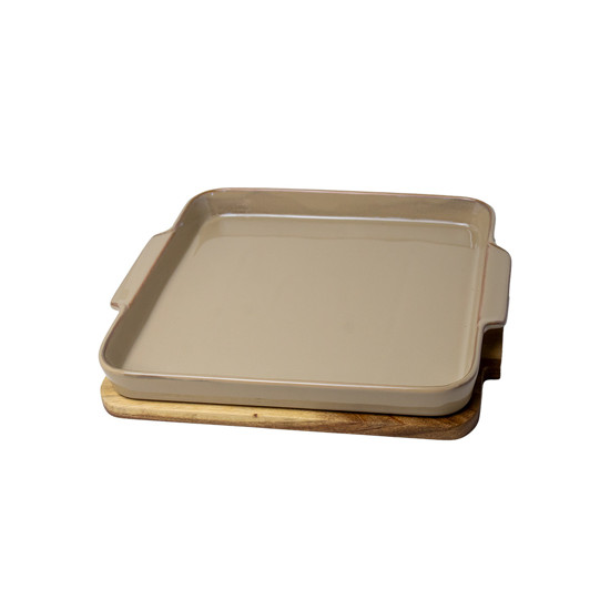 Imagem TRAVESSA RETANGULAR EM CERÂMICA E BASE EM MADEIRA 31,5X28X6 CM