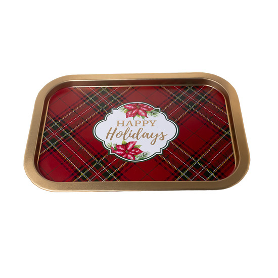 Imagem BANDEJA EM METAL HAPPY HOLIDAYS DE NATAL COR VERMELHO, BRANCO E DOURADO 34X23X1,5CM - YANGZI 