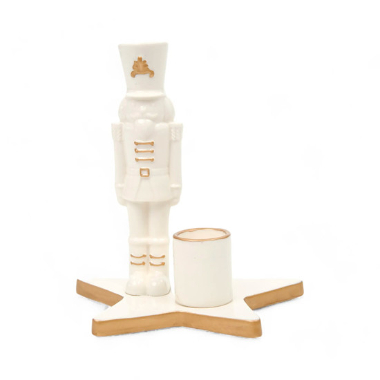 Imagem SOLDADO DE CHUMBO NATALINO CASTIÇAL DECORATIVO EM PORCELANA BRANCA 15X13X13 CM