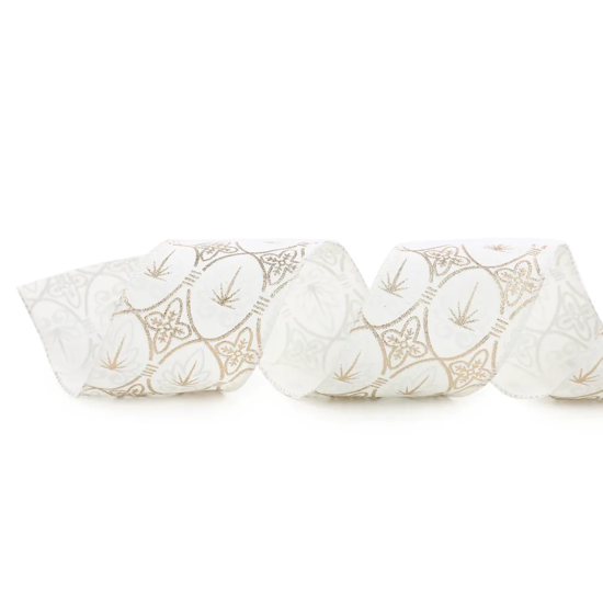 Imagem FITA ARAMADA NATALINA BEGE COM DETALHES DOURADOS EM POLIÉSTER 6,3CM X 9,14M