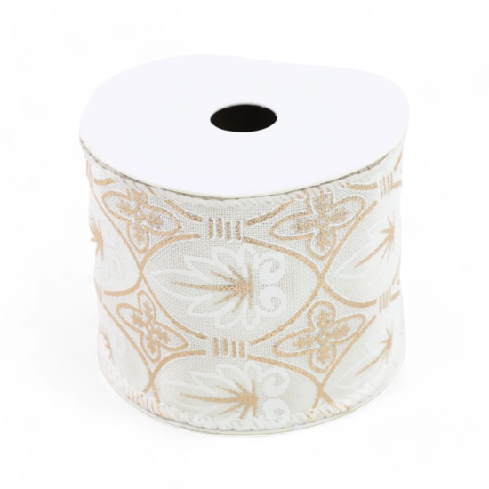 Imagem FITA ARAMADA NATALINA BEGE COM DETALHES DOURADOS EM POLIÉSTER 6,3CM X 9,14M