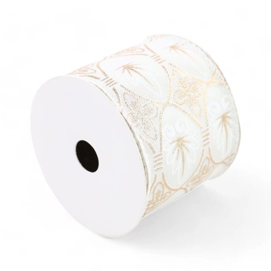 Imagem FITA ARAMADA NATALINA BEGE COM DETALHES DOURADOS EM POLIÉSTER 6,3CM X 9,14M