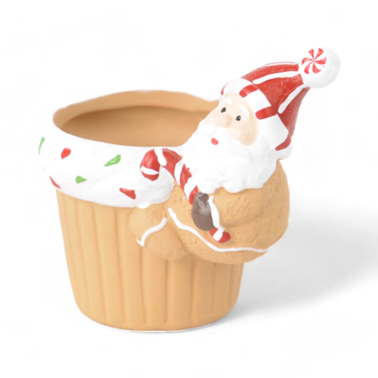 Imagem MINI VASO CUPCAKE NATALINO COM PAPAI NOEL DECORATIVO EM CERÂMICA 9X10X7 CM