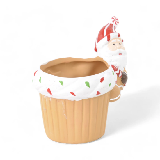 Imagem MINI VASO CUPCAKE NATALINO COM PAPAI NOEL DECORATIVO EM CERÂMICA 9X10X7 CM