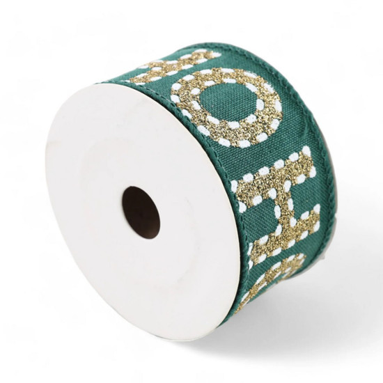 Imagem FITA ARAMADA NATALINA HOHOHO DECORATIVA EM POLIÉSTER VERDE E DOURADA 3,8CM X 9,14M
